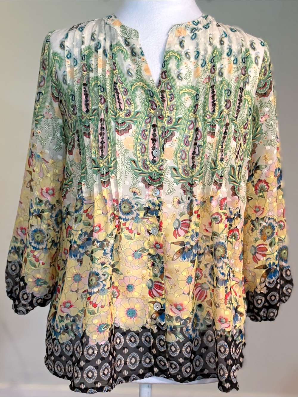 Figueroa & Flower Boho Peasant Sheer Button Up Blouse, Floral Paisley Petite M